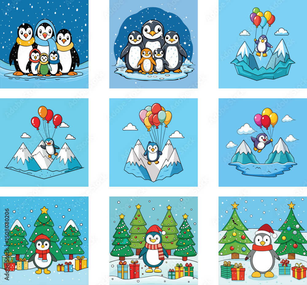 Fototapeta premium Cute Cartoon Penguin Illustrations With Winter And Christmas Themes Bundle