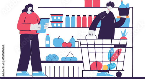 People grocery shopping and examining items in a supermarket shopping aisle with a cart