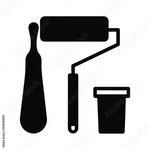 Black and white vector illustration of a paint roller brush with a paint can and scraper