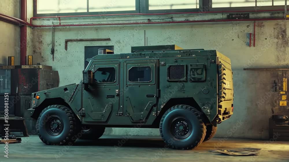 Armoured Vehicles Rear View Military armored vehicle positioned in an industrial setting with ...