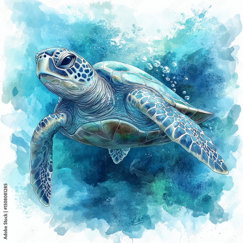Obraz premium Watercolor sea turtle illustration with vibrant blue tones.