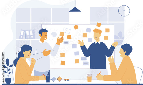 Team members brainstorming ideas and planning strategies using sticky notes on a whiteboard