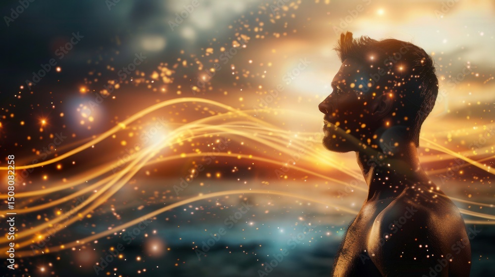 © Artem - A man's silhouette merges with a dynamic composition of golden light streaks and particles.