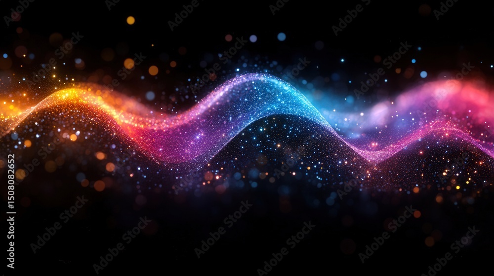 Fototapeta premium A mesmerizing, flowing wave of vibrant particles glows against a dark, elegant backdrop.