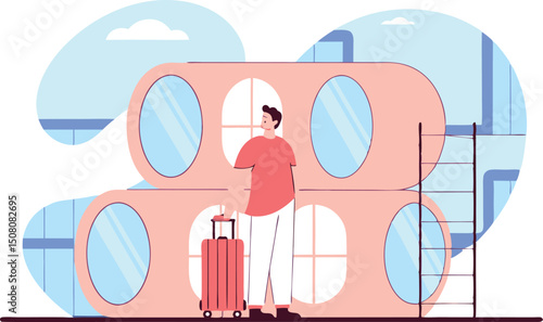 Young traveler arriving at futuristic capsule hotel with luggage in hand ready for travel