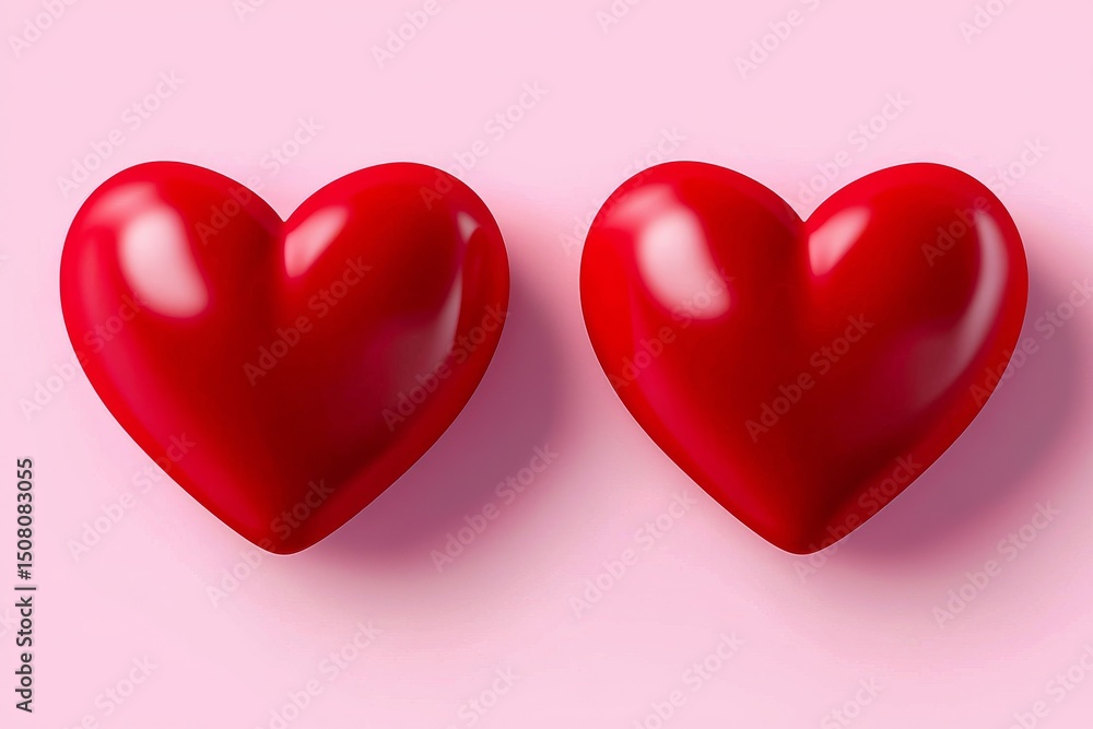 Pink Background Two Red Glossy Hearts, Love, Valentine's Day Love, Hearts Pink Background Two Red Glossy Hearts, Love, Valentine's Day Love, Hearts
