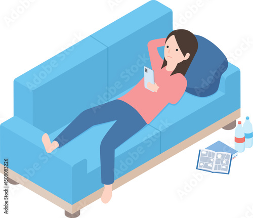 ソファーの上でスマホを見ながらだらだらしている女性