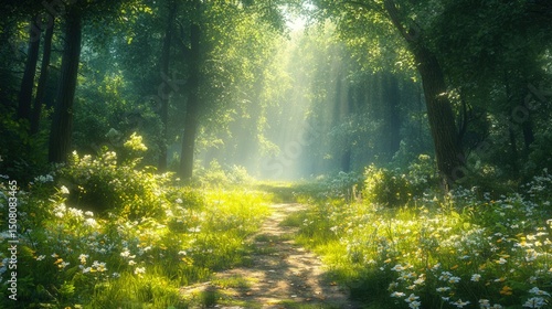 A sun-drenched forest path  inviting the viewer to explore the tranquil and verdant landscape.