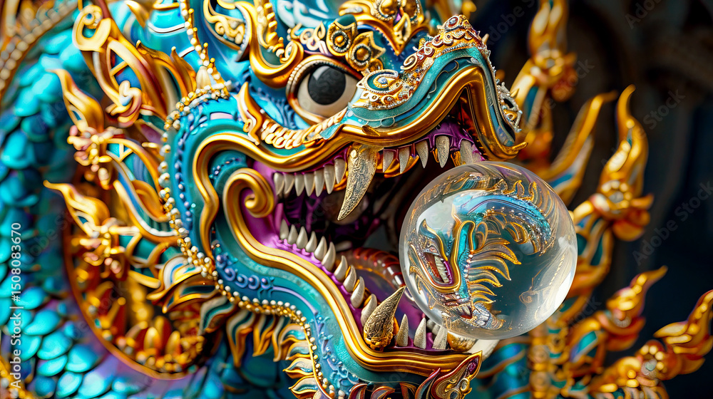 Colorful Dragon Sculpture with Intricate Detailing and Glass Sphere Colorful Dragon Sculpture with Intricate Detailing and Glass Sphere