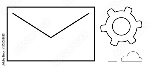 Envelope connected with gear and small cloud, symbolizing email management, automation, cloud storage, and settings. Ideal for digital communication, productivity, technology, efficiency