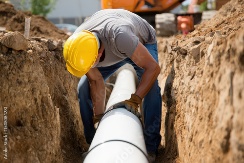 Construction worker installs large plastic water pipe in trench at construction site. Man wears safety helmet, gloves. Plumbing, infrastructure, water supply, sewage system concept