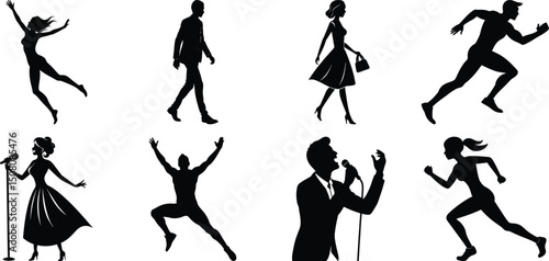Young people and teenagers performing different activities silhouette set, dancing, singing, walking, reading, playing, running. Vector isolated on transparent background.