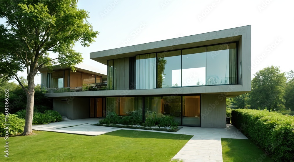 Modern architectural design of a sustainable house in nature setting Modern architectural design of a sustainable house in nature setting