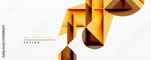 Abstract geometric design features layered polygonal shapes. Warm golden hues create dynamic visual effect against white backdrop. Modern, minimalist style suitable for backgrounds.