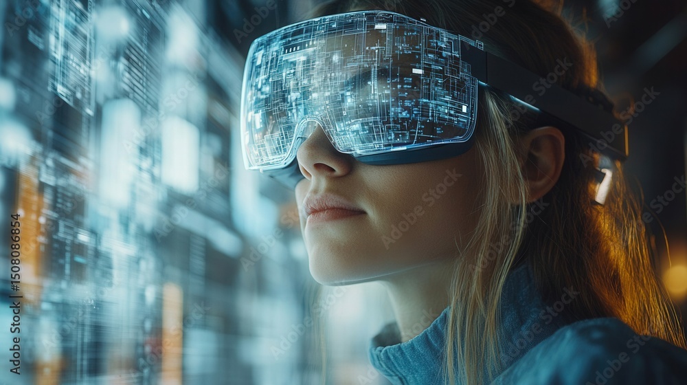 Woman in vr glasses experiences futuristic digital interface, embodying technology and the metaverse. Woman in vr glasses experiences futuristic digital interface, embodying technology and the metaverse.