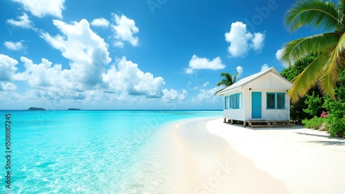 Serene Beach House by Turquoise Water and White Sand Shoreline