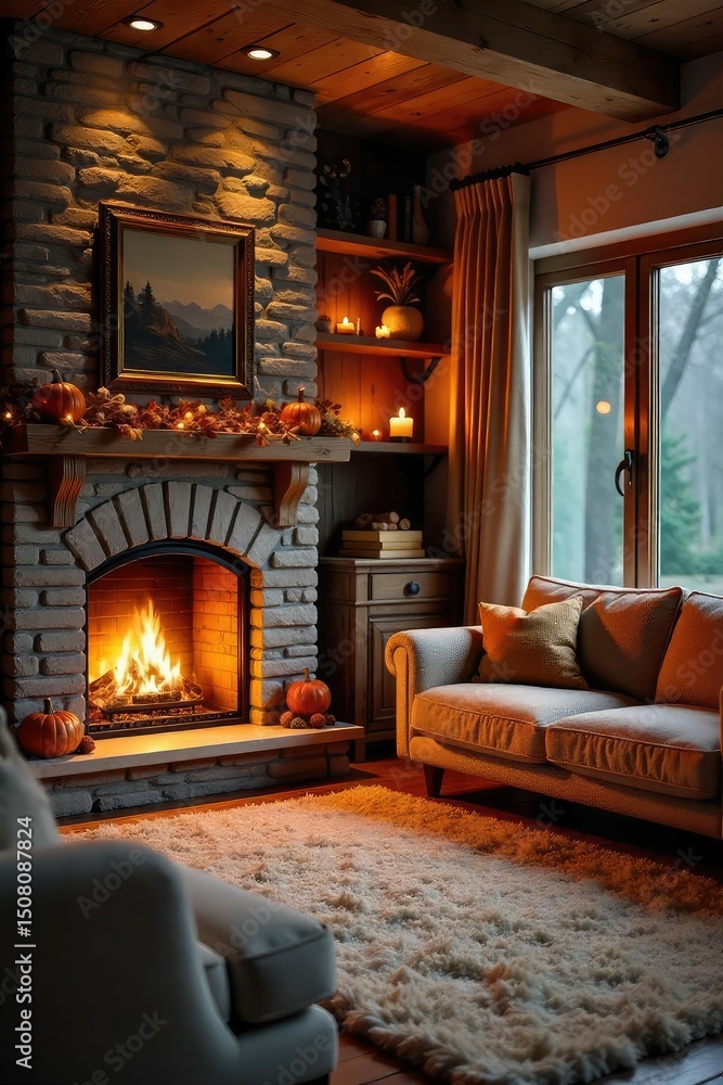 Cozy living room with a fireplace, plush rug, and warm lighting, creating a relaxing and inviting atmosphere Perfect for autumn or winter , stone, comfortable, style Cozy living room with a fireplace, plush rug, and warm lighting, creating a relaxing and inviting atmosphere Perfect for autumn or winter , stone, comfortable, style