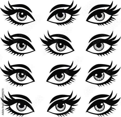 Cartoon Eyes Vector Art: Black and White Graphic Illustration of Beautiful Eyelashes, Eye Makeup, and Stylish Female Eyes Design