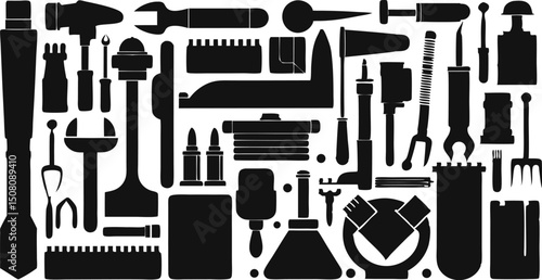 Black and White Silhouette of Assorted Tools: Mechanic, Carpentry, and Repair Equipment Vector Graphic Illustration