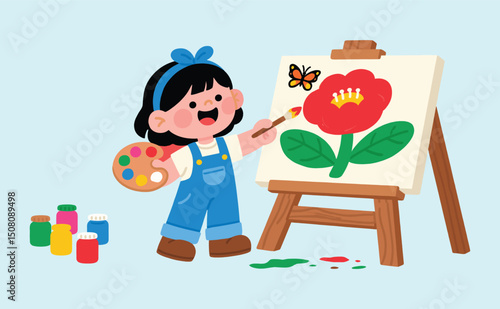flat vector illustration Happy child painting colorful flower and butterfly on canvas with paint palette and jars, creative kid art activity concept