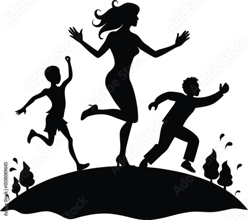 Silhouette Illustration: Happy Family Running on Hill, Vector Art of Woman, Boy, and Man Enjoying Outdoor Activity, Black and White Design