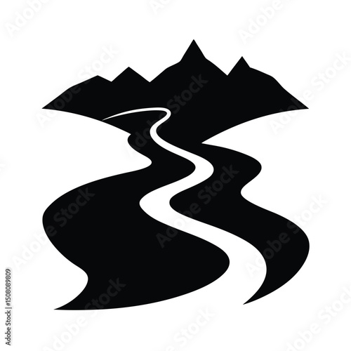 Minimalist black and white silhouette illustration of mountains and winding river