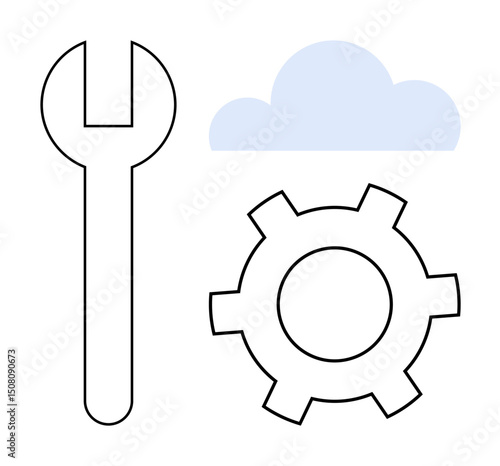 Wrench, gear, and cloud highlight cloud computing, technical tools, system repair, and innovation. Ideal for tech services, maintenance, IT cloud storage engineering collaboration simple landing