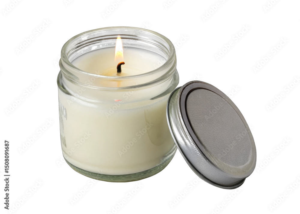 Scented candle in glass jar with lid off Isolated on a transparent background. Scented candle in glass jar with lid off Isolated on a transparent background.