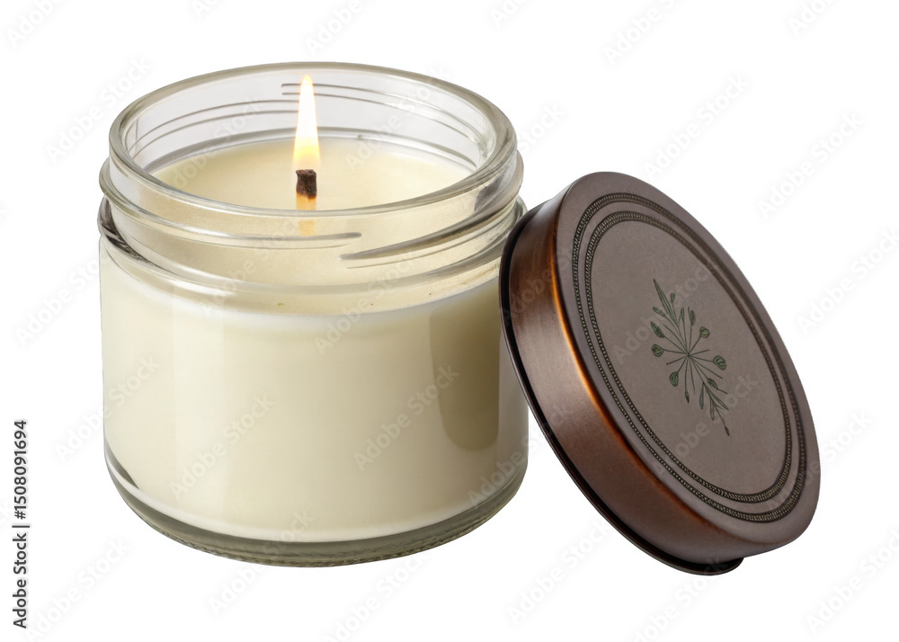 Scented candle in glass jar with lid off Isolated on a transparent background. Scented candle in glass jar with lid off Isolated on a transparent background.