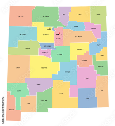 New Mexico, U.S. state, subdivided into 33 counties, colored political map with capital Santa Fe, borders and county names. State in the Southwestern region of United States.