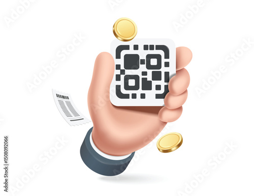 Left hand hold a QR code template and has gold coins floating in air around it, designed for advertising online payment or money transfer, vector 3d illustration isolated for advertising design