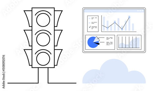Traffic light beside a digital dashboard featuring graphs, charts, and analytics above a cloud. Ideal for business management, decision-making, data analysis, planning, workflow, automation simple