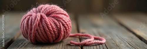 A single ball of luxurious, undyed wool yarn sits on a rustic wooden surface, ready for knitting or crocheting  Natural fibers, craft supplies, handmade, cozy textures ,  handcraft,  warm