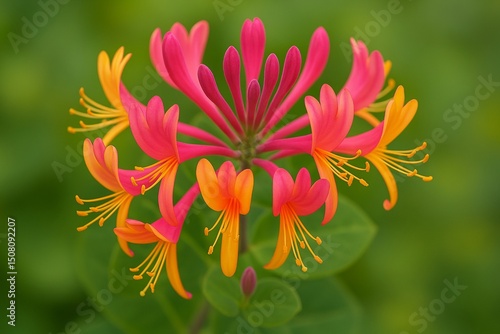 Close up Honeysuckle flowers with impressive bicolor blooms of pink and yellow. Lonicera periclymenum flowers, common names honeysuckle, common honeysuckle, European honeysuckle or woodbine in bloom.