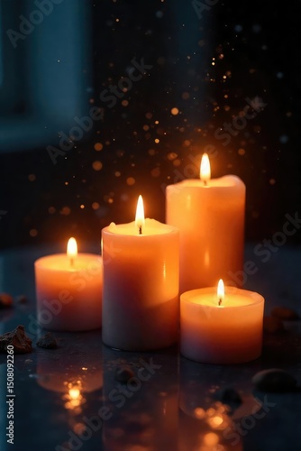 A serene scene of various candles burning, emitting a warm, soft glow, ideal for promoting relaxation and healing  Perfect for wellness, spirituality, and self-care themes ,  calm,  soothing