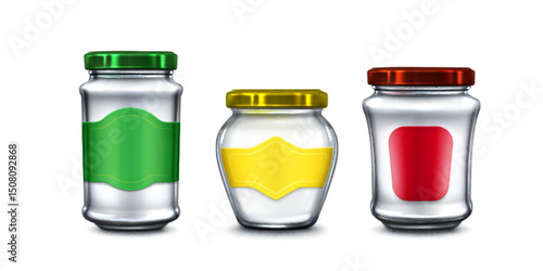 Set of glass jars with colored lids - green, yellow and red caps and labels. Transparent containers for canning, preserving food. Realistic 3d packaging mockup of empty bottles for jam, honey or sauce