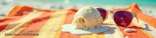 A melting ice cream cone drips onto a sun-baked beach towel, next to a pair of bright sunglasses  Summer fun gone wrong, but still hilarious!, dessert, silly summer