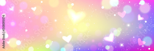 Pastel rainbow gradient background with white heart glitter, bokeh lights and sparkles. Dreamy magical shimmering fairy tale backdrop for fantasy designs, girly party invitations, unicorn themed decor