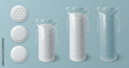 Set of realistic cotton pads - round discs, tall cylinder transparent package for beauty and skincare routines. 3d embossed soft surface texture hygienic cosmetic accessories mockup. Cleansing sponges