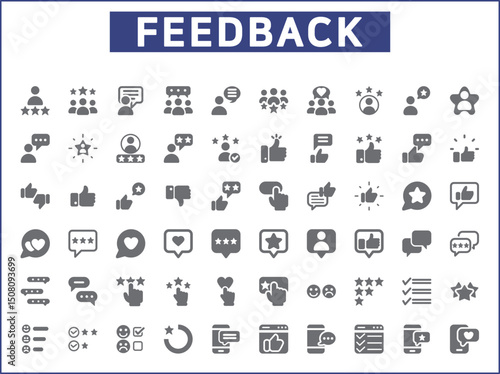 Review And feedback Icon Set. Vector collection of customer, rating, star rating, chat, testimonials, survey, support, communication, sign and element symbols or logo element.