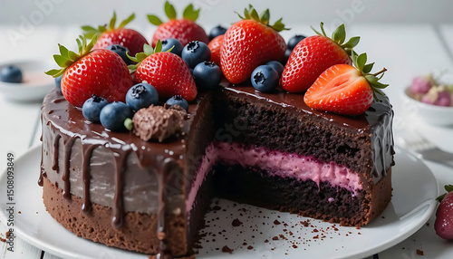 A chocolate cake with strawberries and blueberries on top