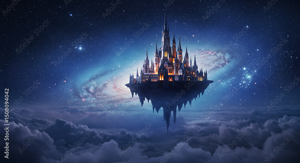 Obraz premium Enchanting Floating Castle in Starry Night Sky Above Cloudscape Fantasy Illustration