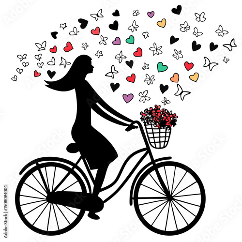 Woman on bicycle with hearts and butterflies isolated on white background