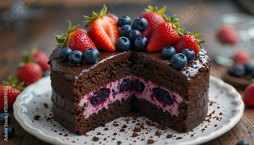 A chocolate cake with strawberries and blueberries on top