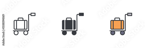 Luggage trolley different style icon set