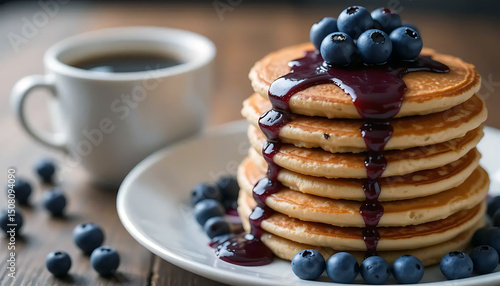A stack of pancakes with blueberry syrup on top of a white plate