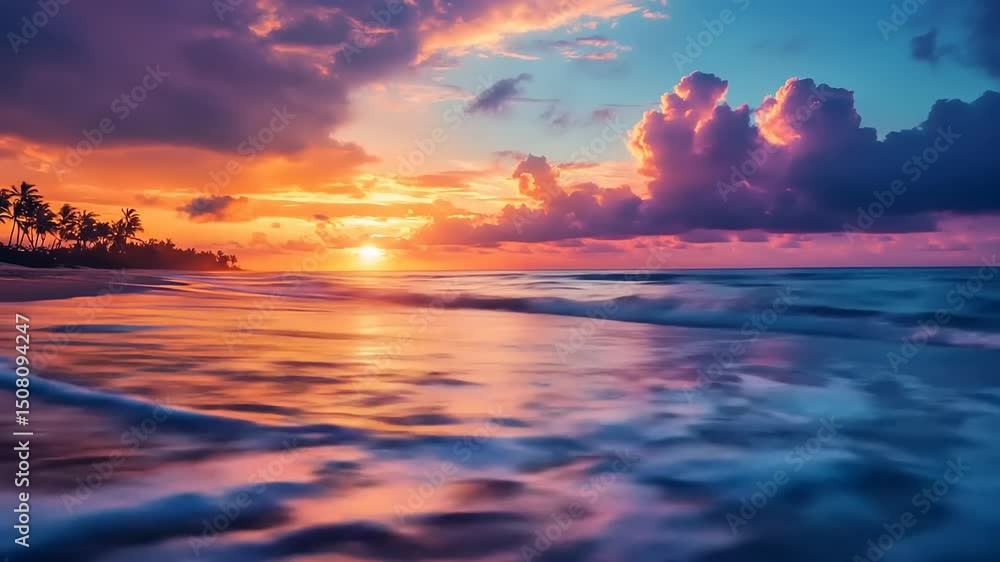 Vibrant Sunset Ocean Beach Scene. Vibrant Sunset Ocean Beach Scene.