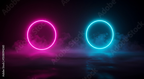 Wallpaper Mural Futuristic Neon Circles in Smoky Atmosphere Glowing Pink and Blue Rings Abstract Background Torontodigital.ca