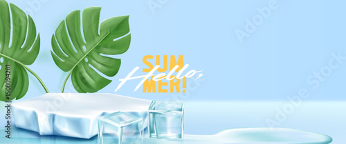 Frozen summer podium display with tropical monstera leaves and melting ice cubes. Realistic 3d product placement platform on light blue background. Cold refreshing season advertising mockup.