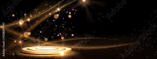 Golden round podium stage on black background with glowing curved lines and glitter particles. Shiny platform for award ceremony or product showcase. Luxury festive sparkle confetti light effect.